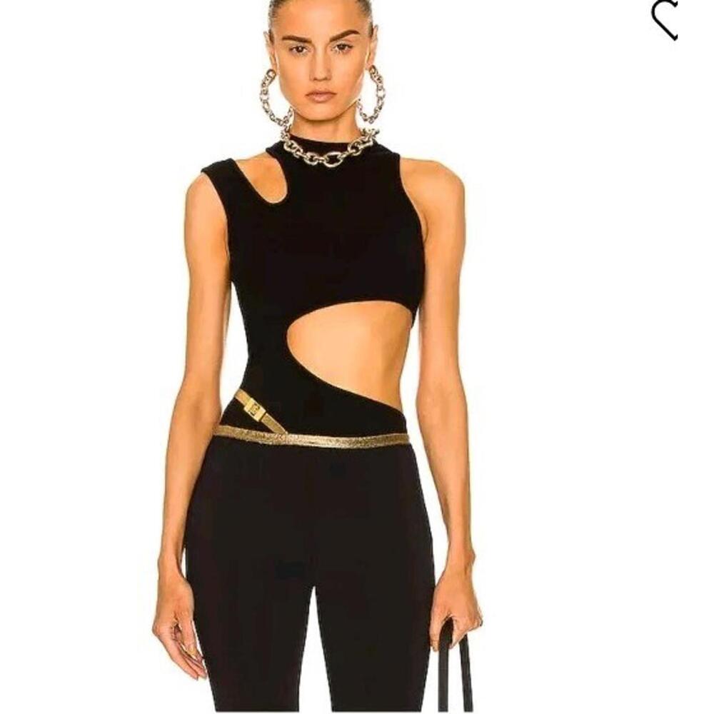 BALMAIN Paris Multi Cut Out Size L Noir Women's Ribbed Stretch Tank Top #CB5